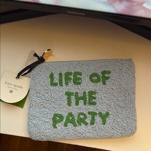 kate spade blue beaded 'Life of the Party' clutch with green lettering
